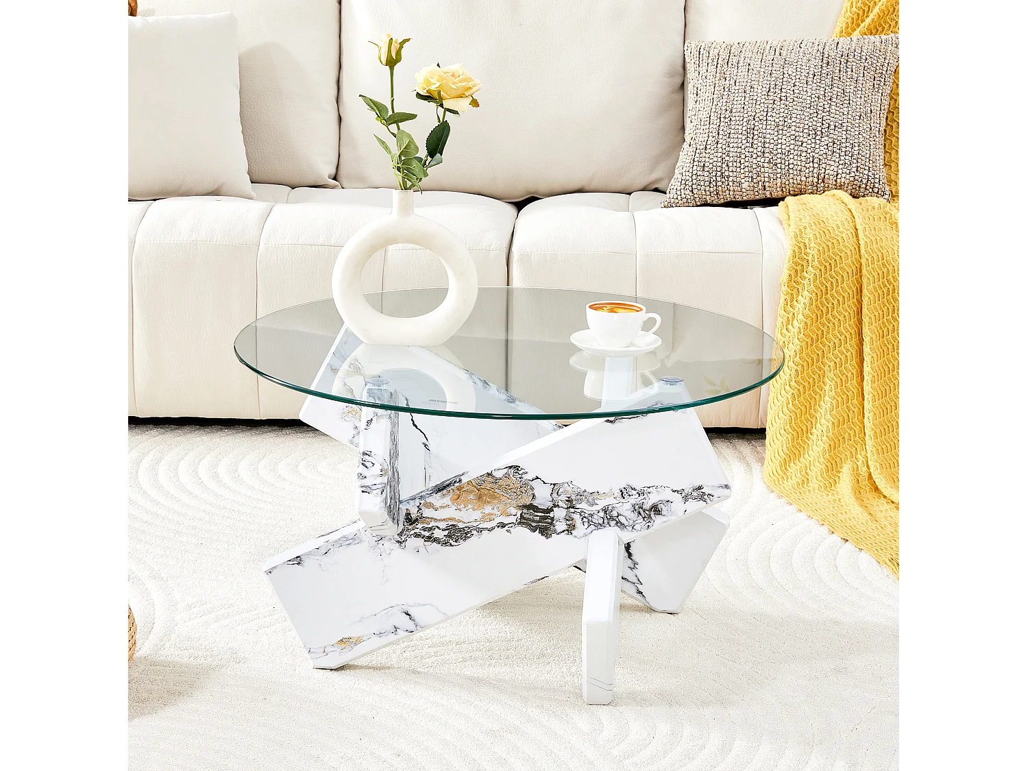 Table basse ronde avec pieds effet marbre blanc - Plateau en verre