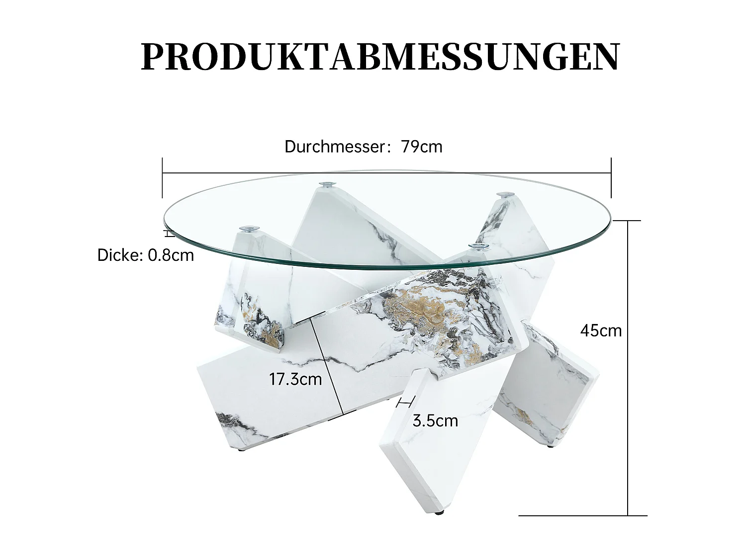Table basse ronde avec pieds effet marbre blanc - Plateau en verre