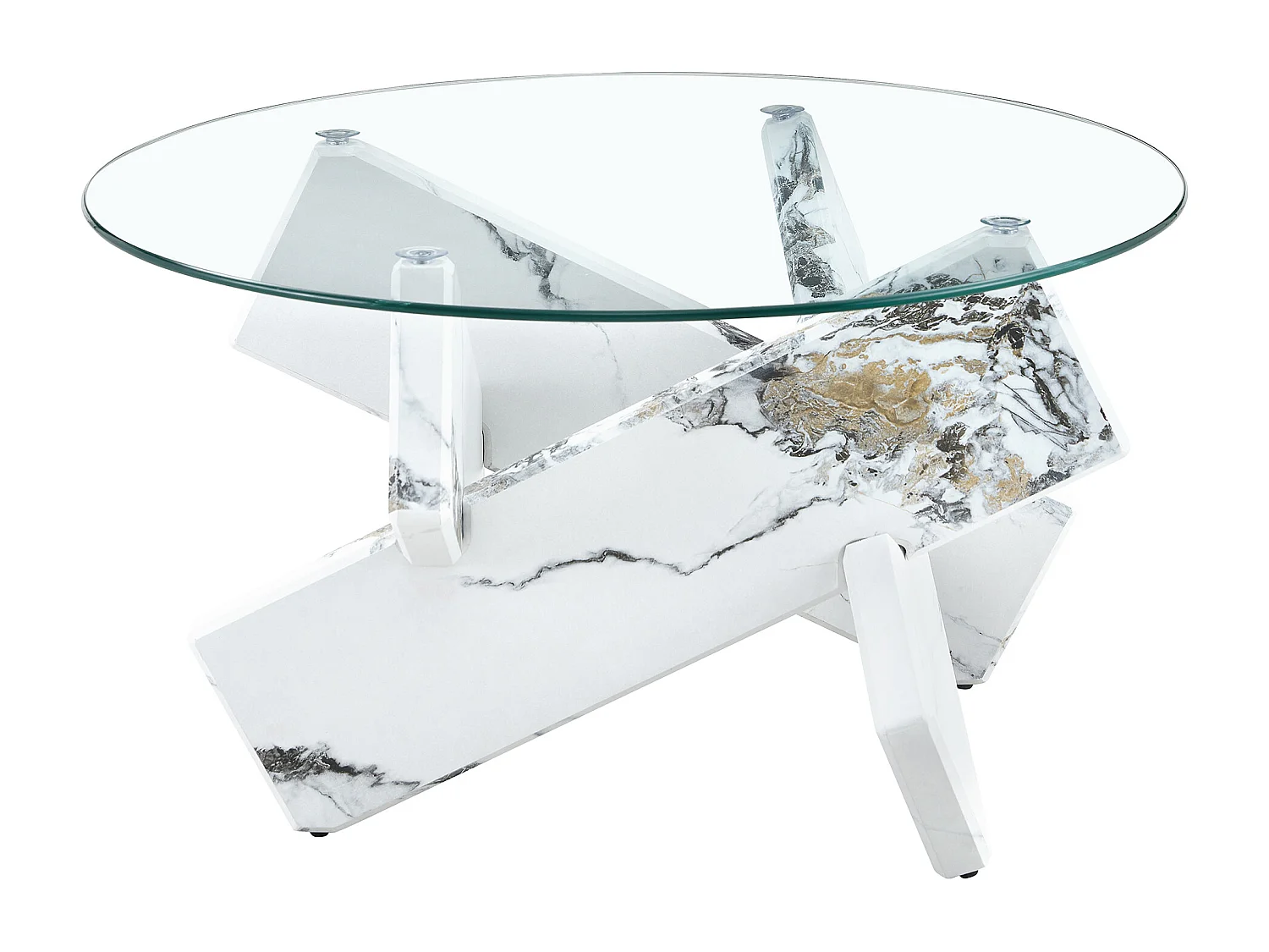 Table basse ronde avec pieds effet marbre blanc - Plateau en verre