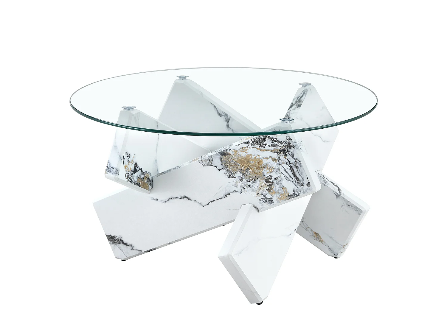 Table basse ronde avec pieds effet marbre blanc - Plateau en verre