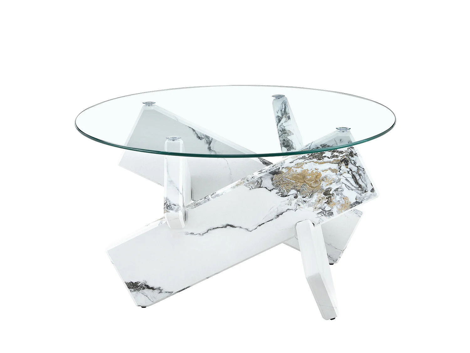 Table basse ronde avec pieds effet marbre blanc - Plateau en verre