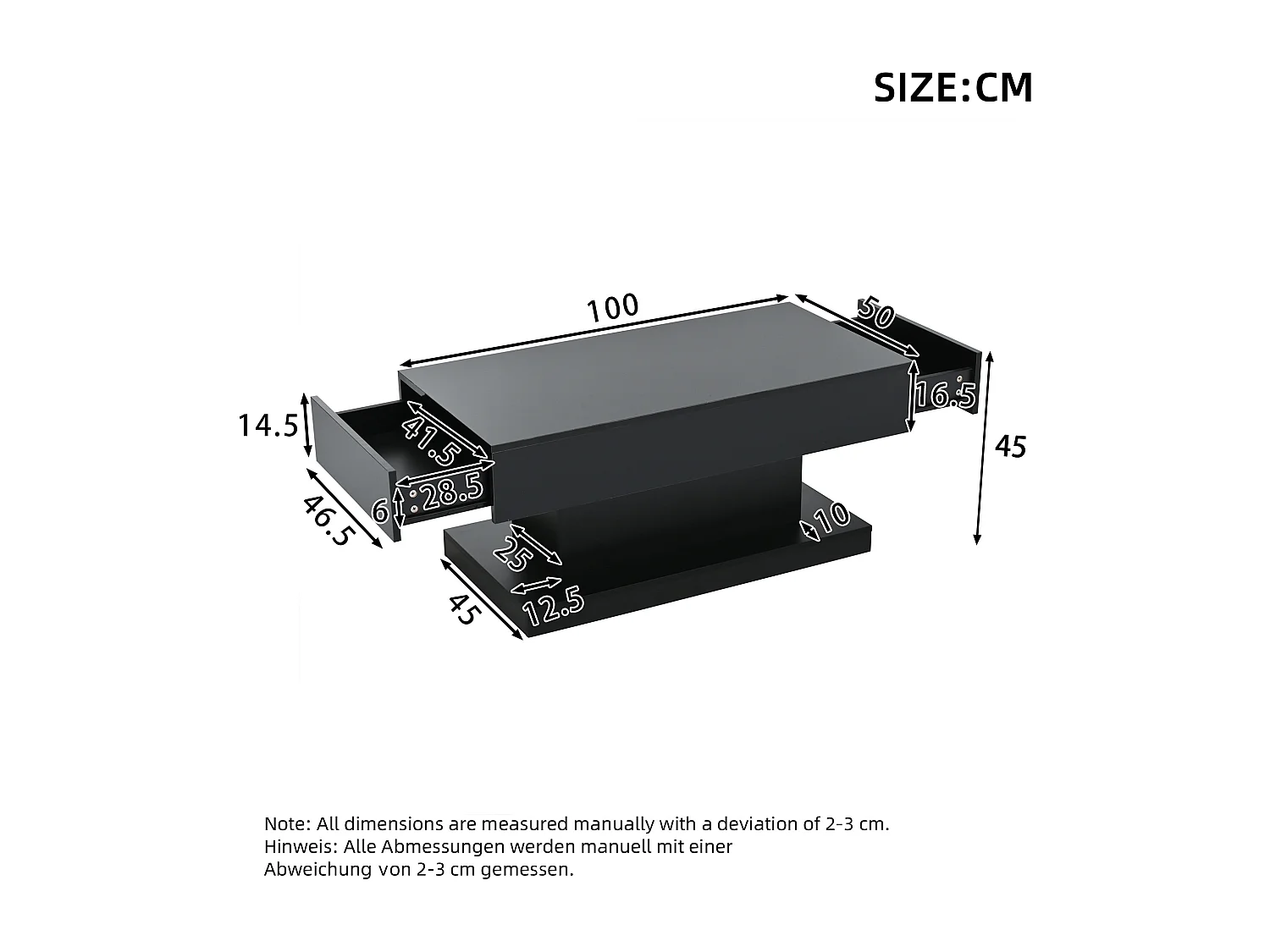 Table basse avec 2 tiroirs et LED - Finition brillant - Noir