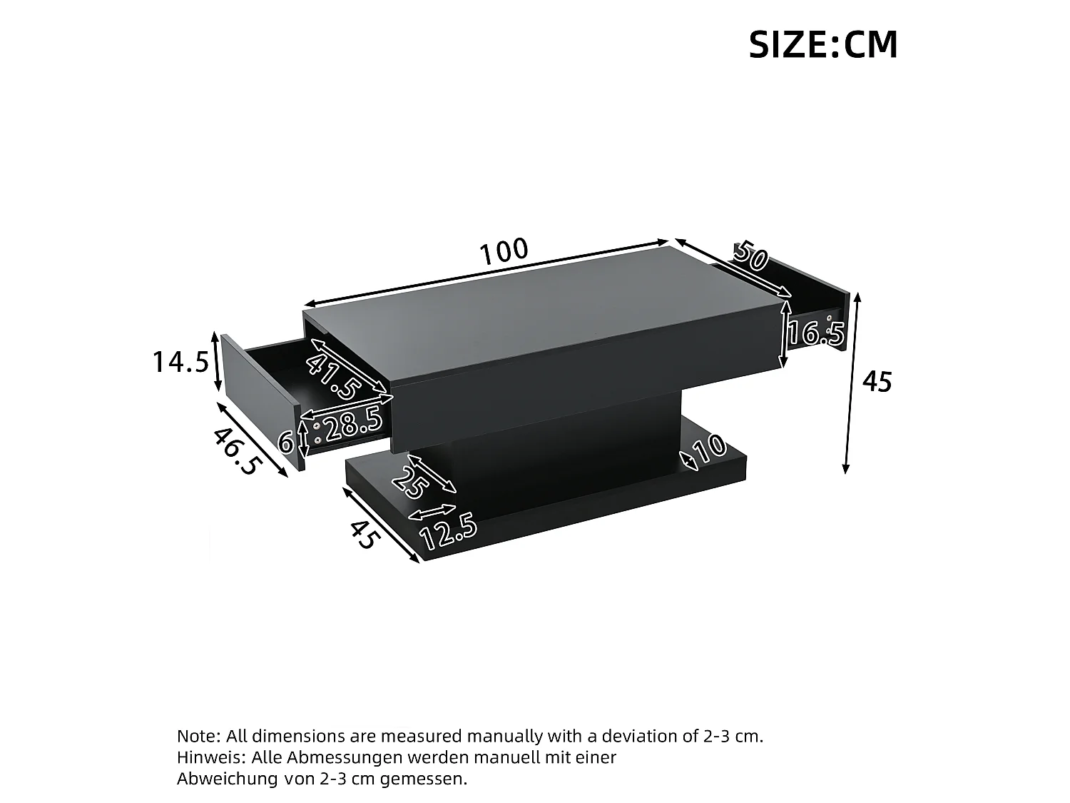 Salontafel met 2 lades en LED-verlichting - Glanzende afwerking - Zwart