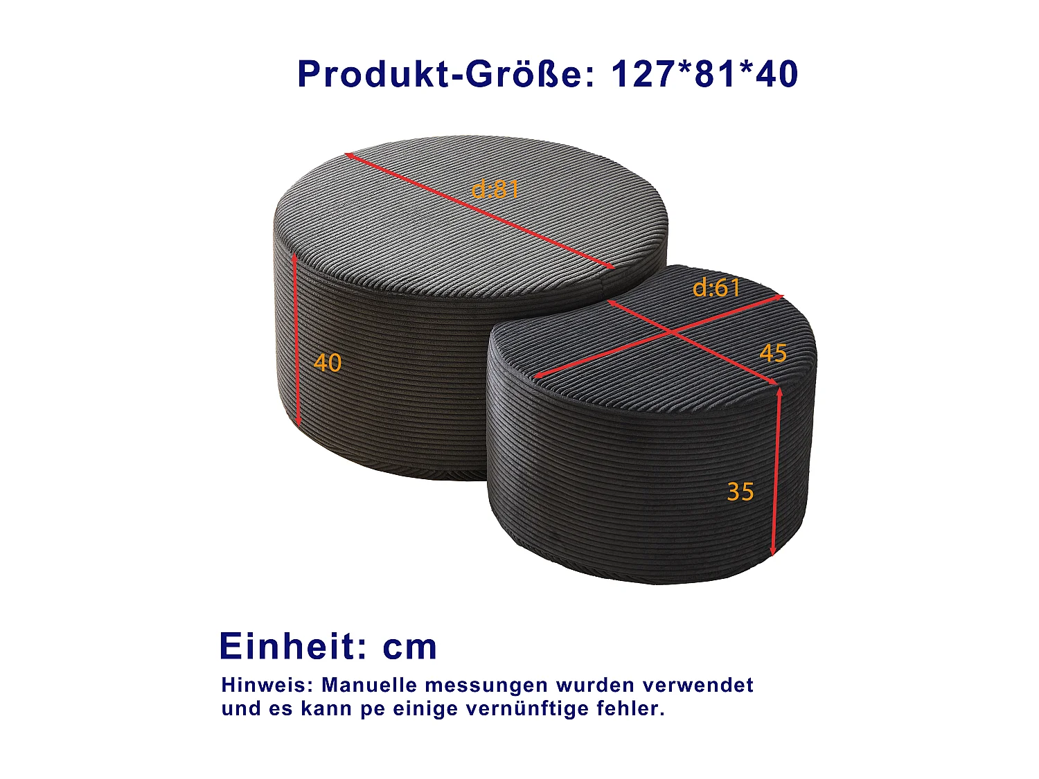 Lot de 2 table basse , coussins ronds, tissu noir