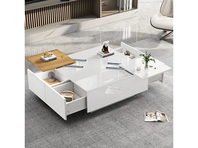 Table basse carrée avec 4 tiroirs - Petit plateau coulissant - Brillant finition - Blanc