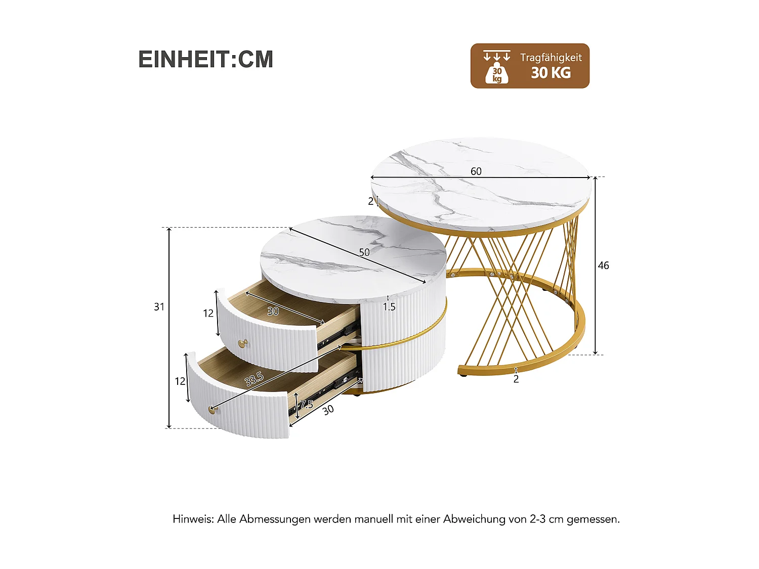 Lot de 2 tables gigognes avec 2 tiroirs , plateau à l'aspect marbré - Blanc et doré