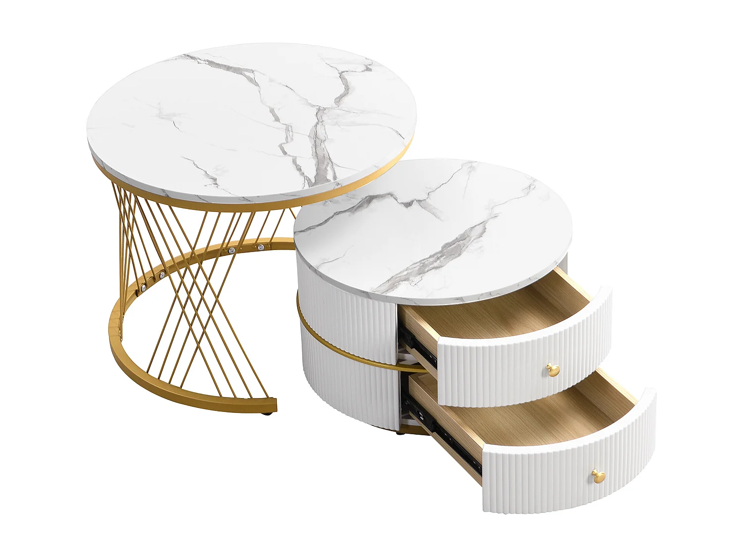 Lot de 2 tables gigognes avec 2 tiroirs , plateau à l'aspect marbré - Blanc et doré