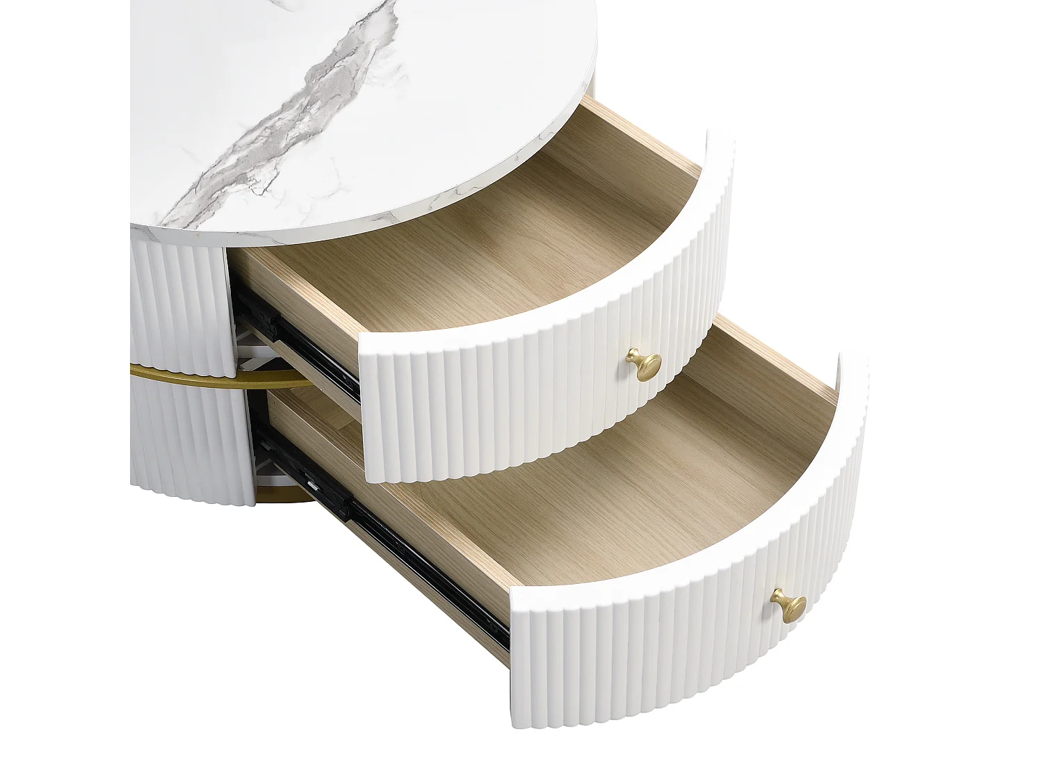 Lot de 2 tables gigognes avec 2 tiroirs , plateau à l'aspect marbré - Blanc et doré