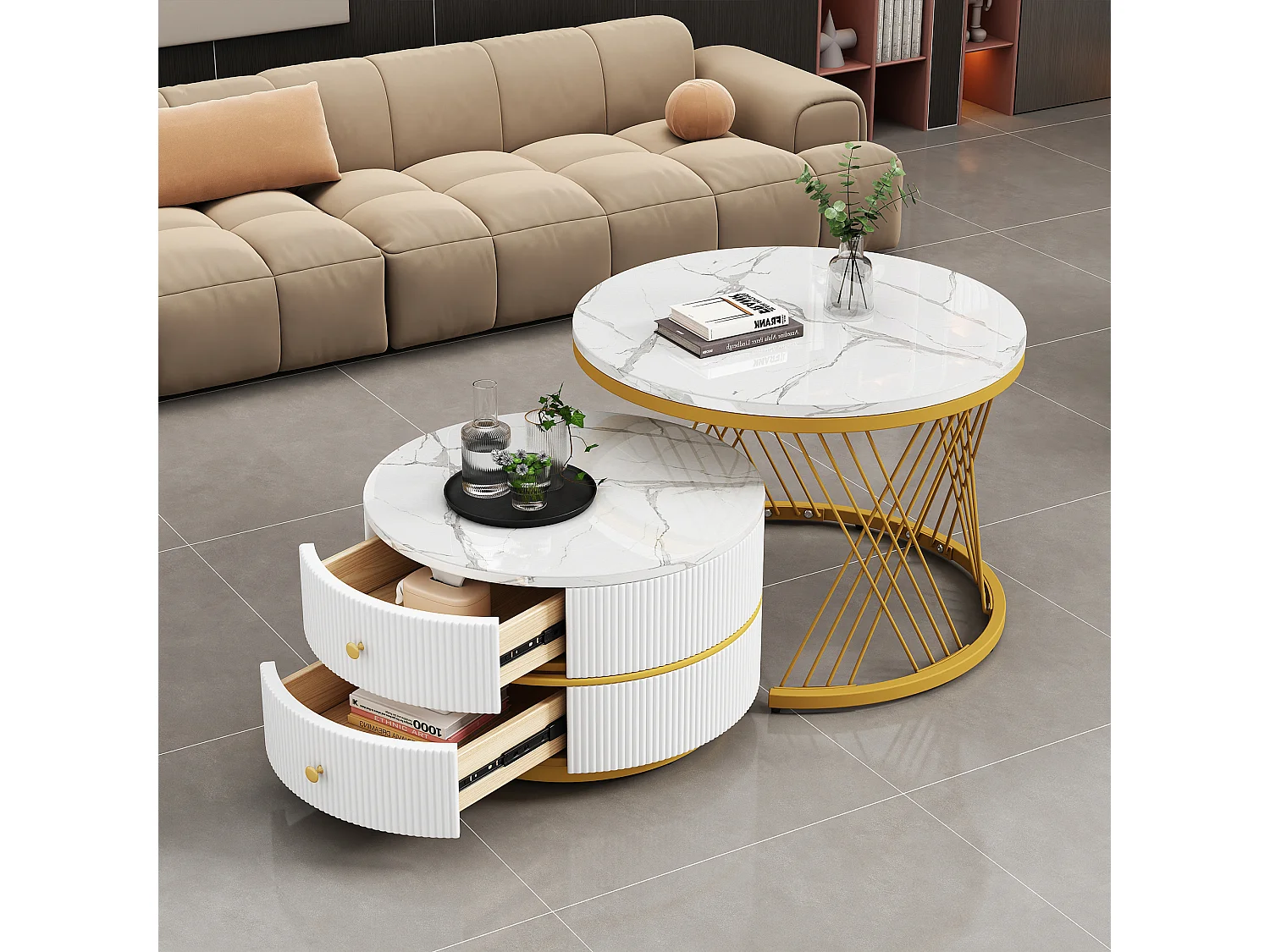 Lot de 2 tables gigognes avec 2 tiroirs , plateau à l'aspect marbré - Blanc et doré