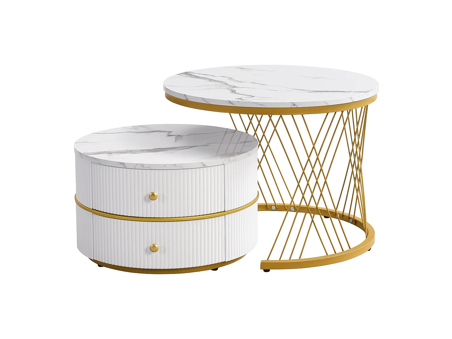 Lot de 2 tables gigognes avec 2 tiroirs , plateau à l'aspect marbré - Blanc et doré