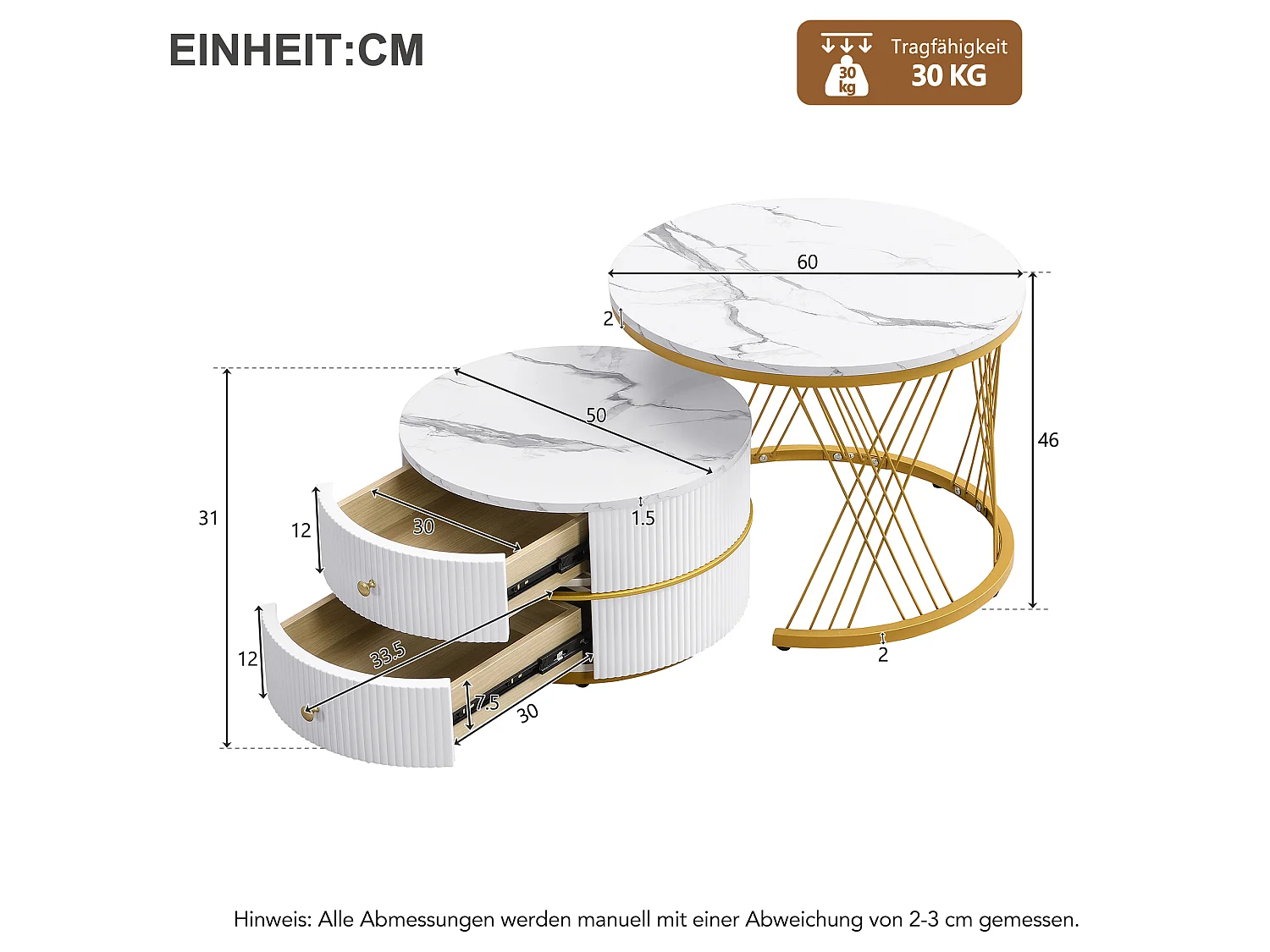 Lot de 2 tables gigognes avec 2 tiroirs , plateau à l'aspect marbré - Blanc et doré