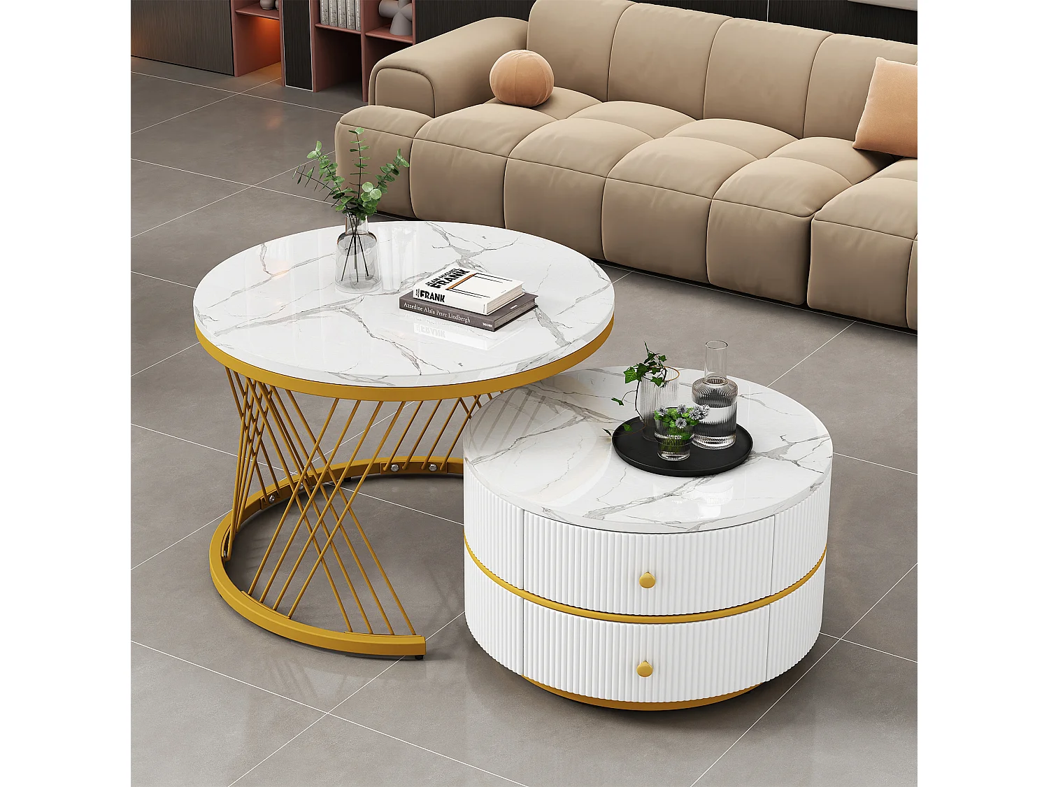 Lot de 2 tables gigognes avec 2 tiroirs , plateau à l'aspect marbré - Blanc et doré
