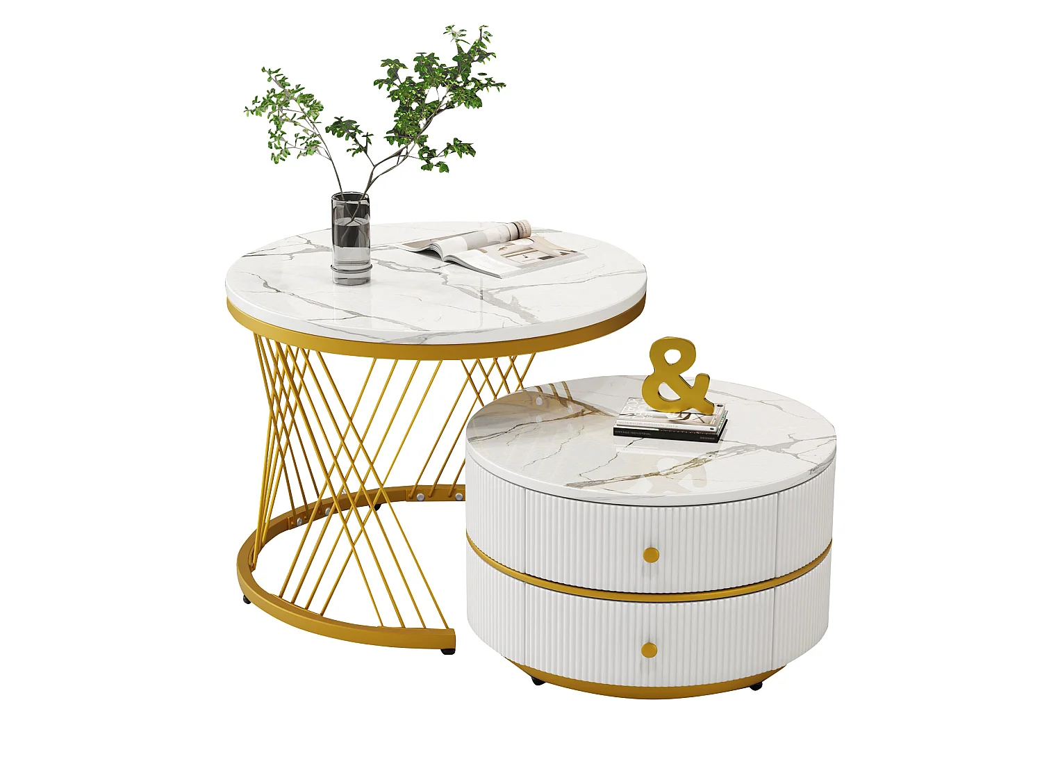 Lot de 2 tables gigognes avec 2 tiroirs , plateau à l'aspect marbré - Blanc et doré
