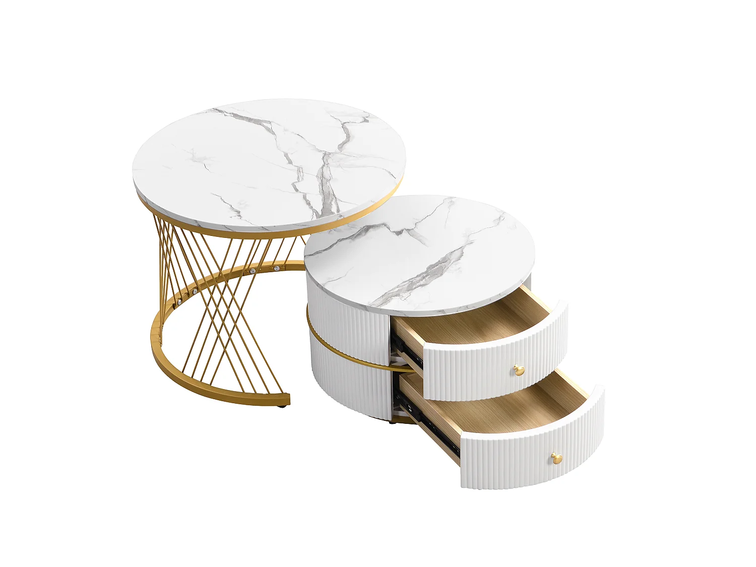 Lot de 2 tables gigognes avec 2 tiroirs , plateau à l'aspect marbré - Blanc et doré