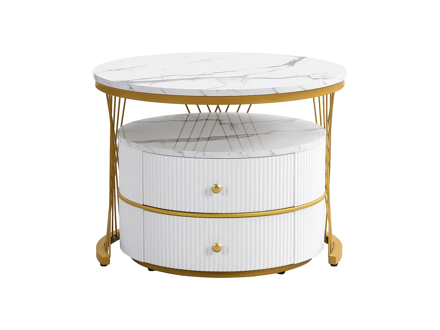 Lot de 2 tables gigognes avec 2 tiroirs , plateau à l'aspect marbré - Blanc et doré