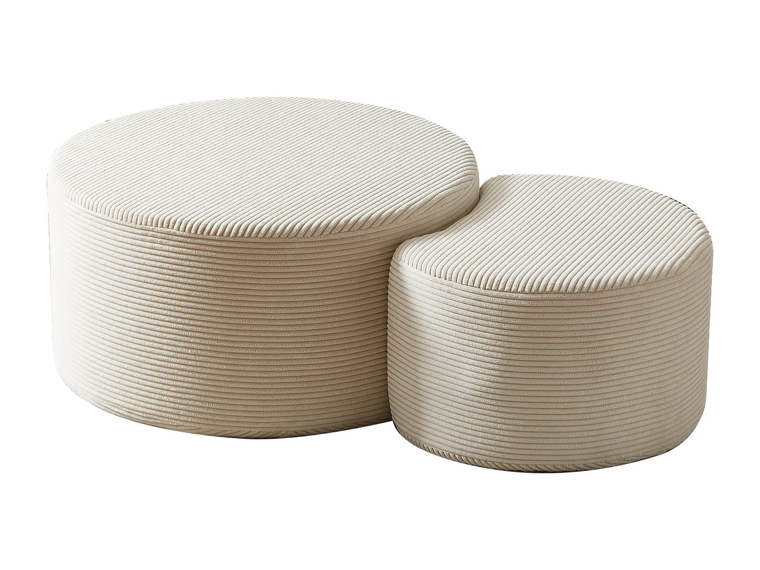 Set van 2 salontafels, ronde kussens, beige stof