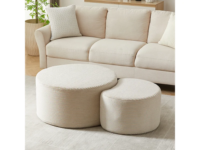 Set van 2 salontafels, ronde kussens, beige stof