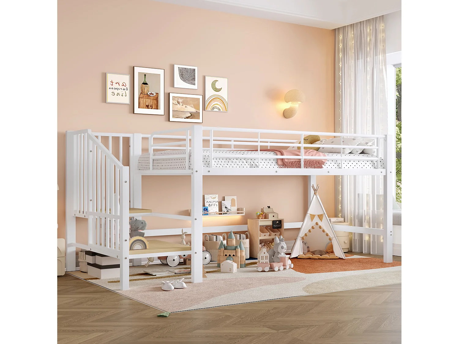 Lit mi-hauteur 90x200cm avec escalier de rangement, métal + MDF, blanc