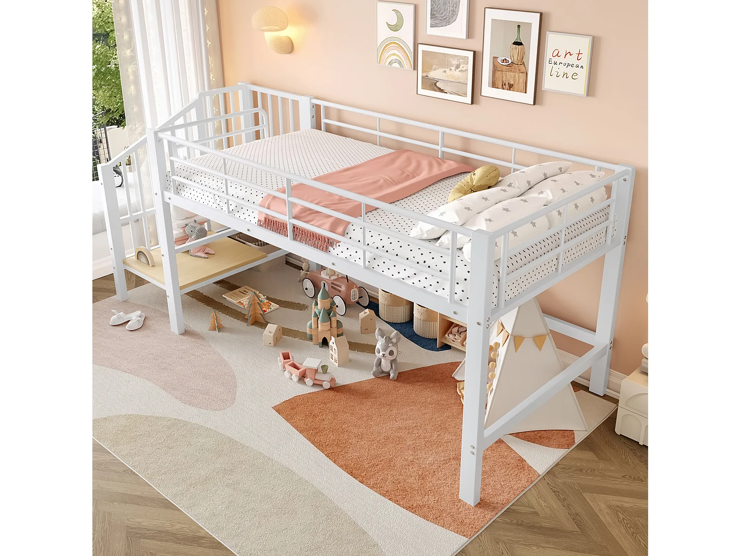 Lit mi-hauteur 90x200cm avec escalier de rangement, métal + MDF, blanc