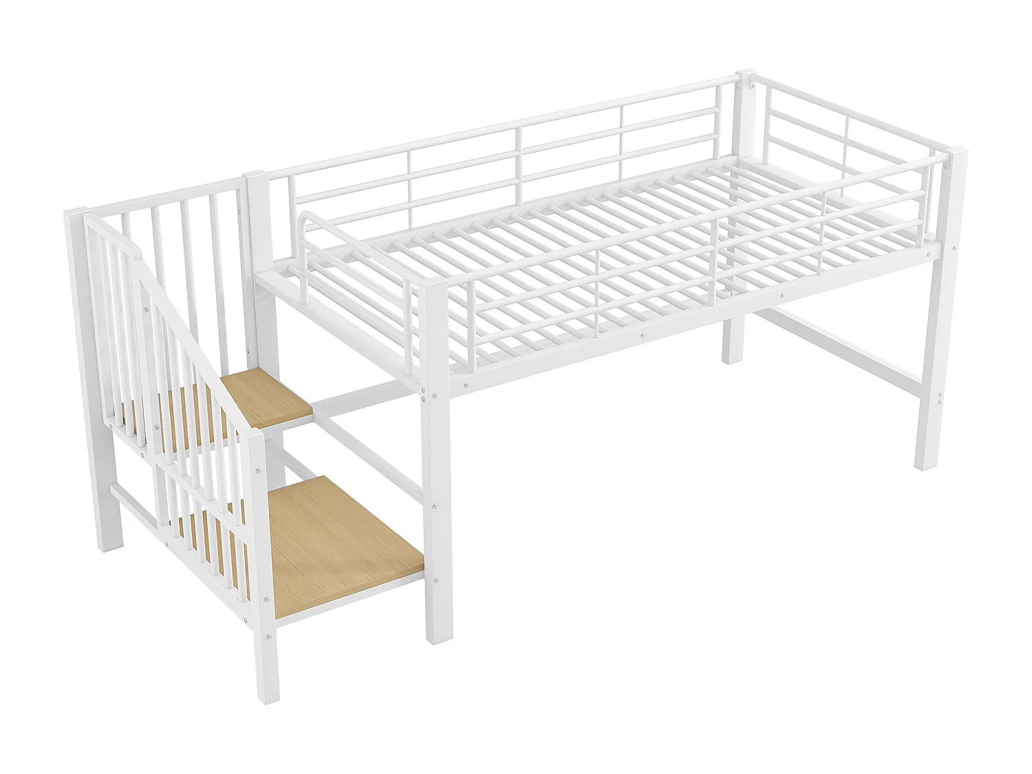 Lit mi-hauteur 90x200cm avec escalier de rangement, métal + MDF, blanc