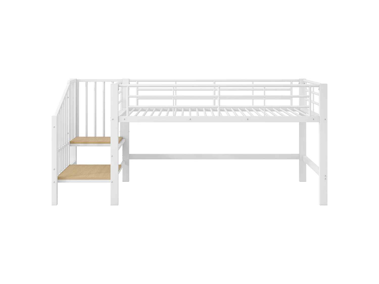 Letto a mezza altezza 90x200cm con scala contenitore, metallo + MDF, bianco