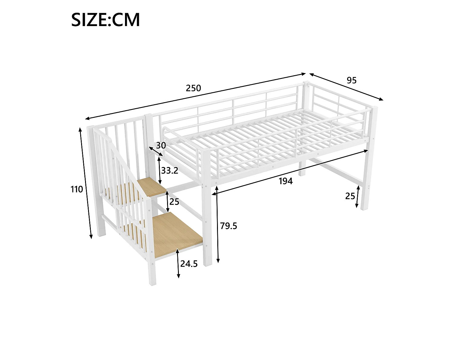 Letto a mezza altezza 90x200cm con scala contenitore, metallo + MDF, bianco