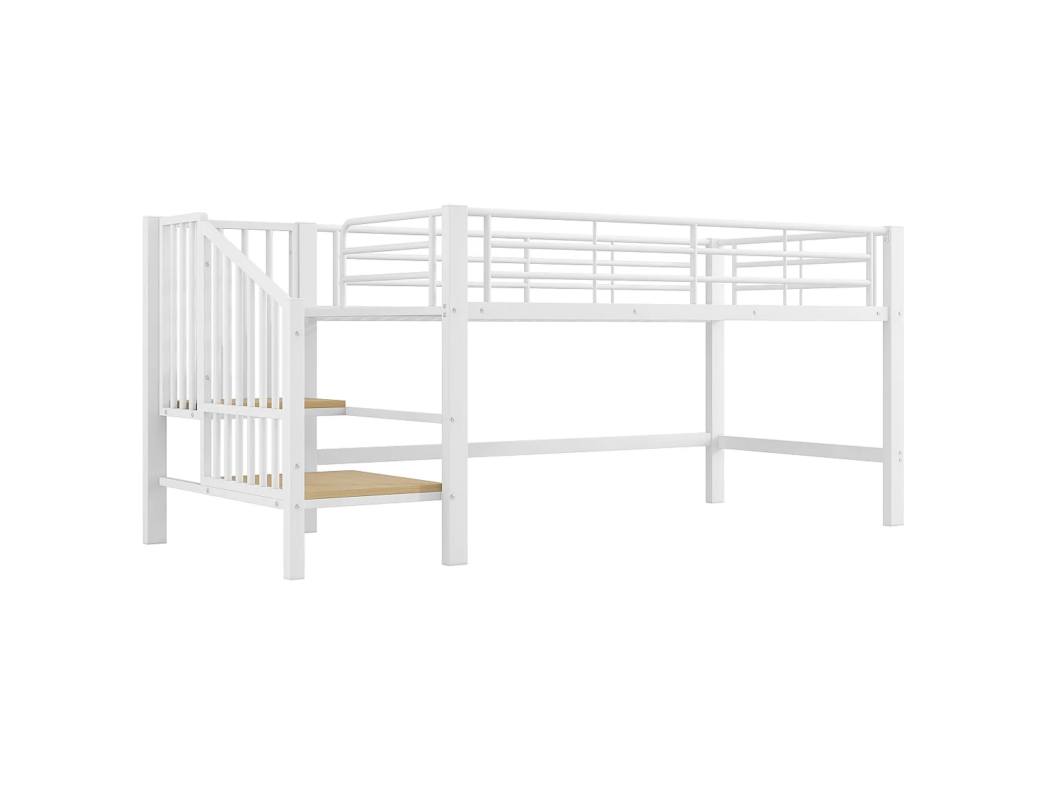 Letto a mezza altezza 90x200cm con scala contenitore, metallo + MDF, bianco