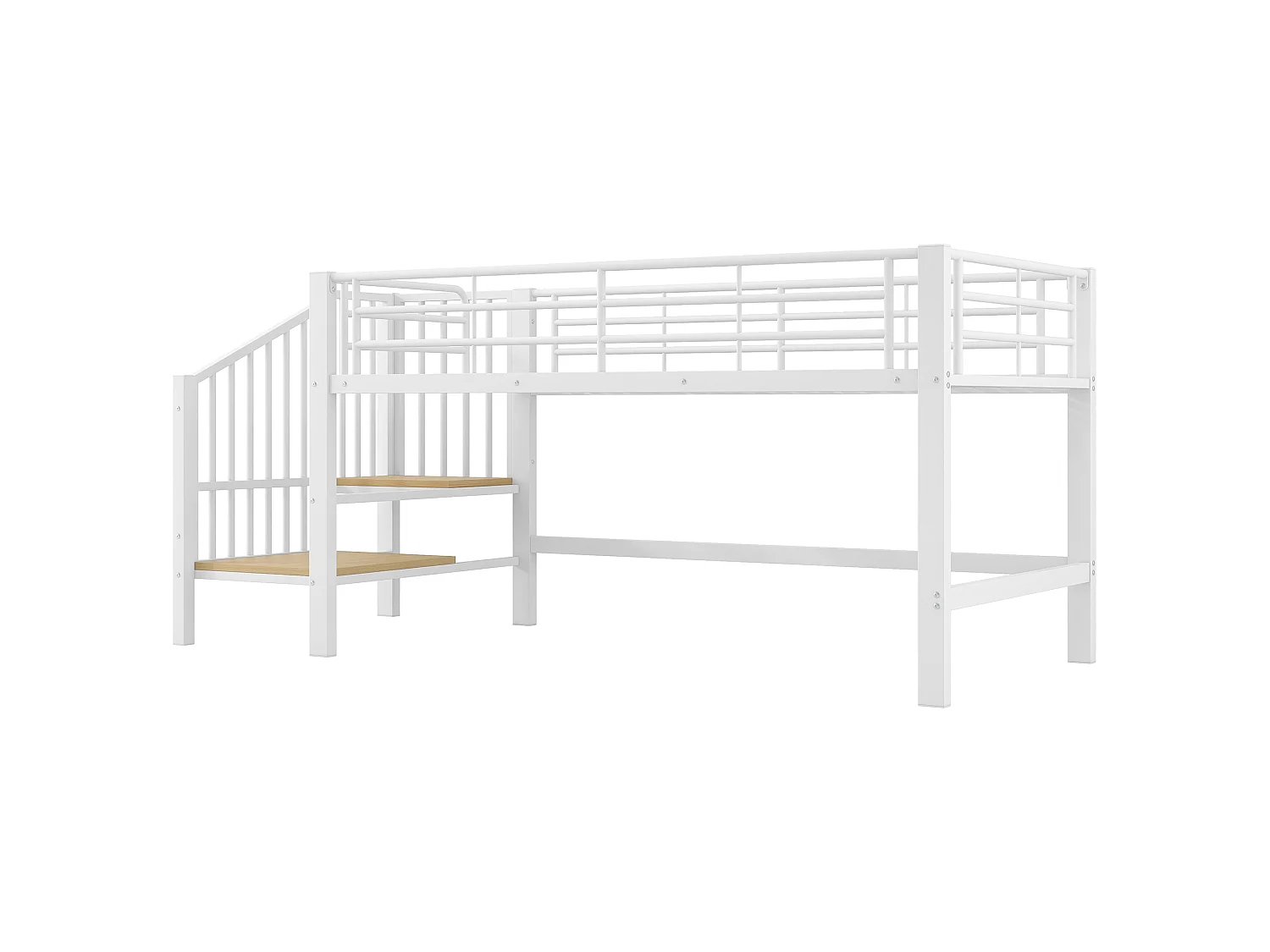 Letto a mezza altezza 90x200cm con scala contenitore, metallo + MDF, bianco