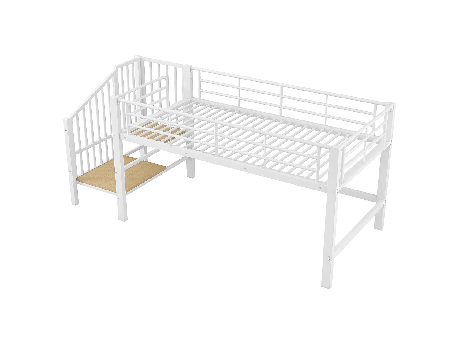 Letto a mezza altezza 90x200cm con scala contenitore, metallo + MDF, bianco