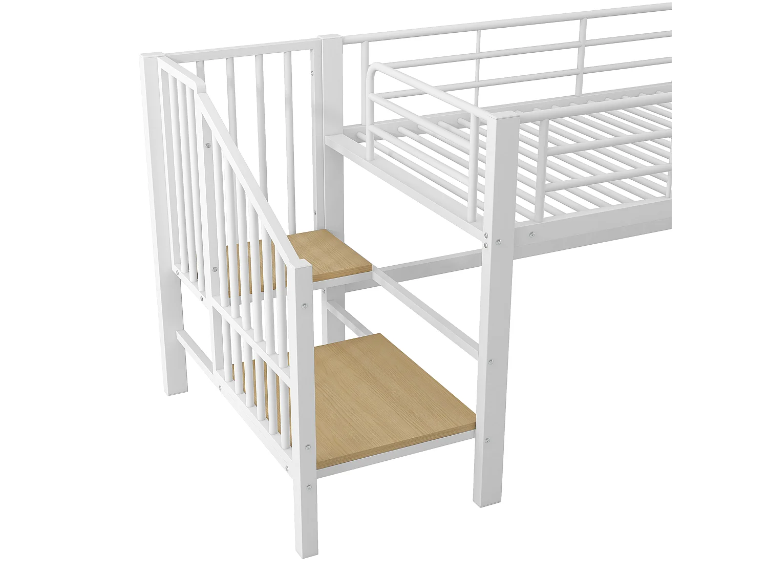 Letto a mezza altezza 90x200cm con scala contenitore, metallo + MDF, bianco