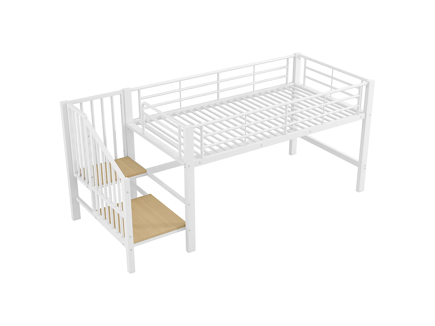 Letto a mezza altezza 90x200cm con scala contenitore, metallo + MDF, bianco