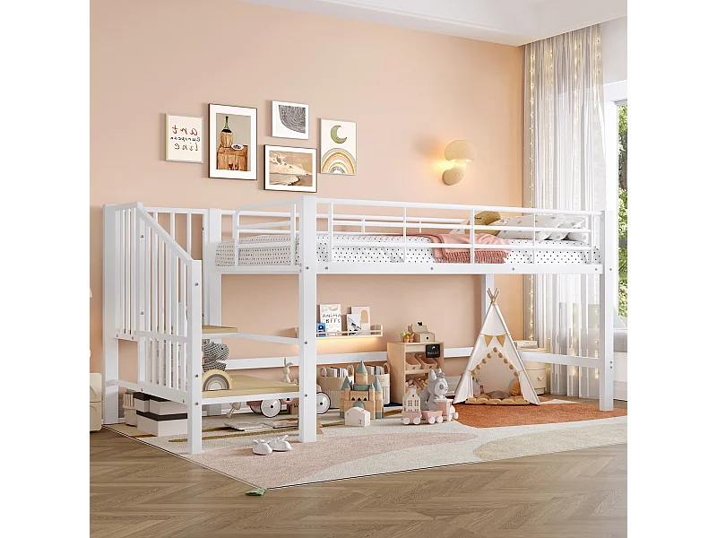 Halfhoog bed 90x200cm met opbergladder, metaal + MDF, wit