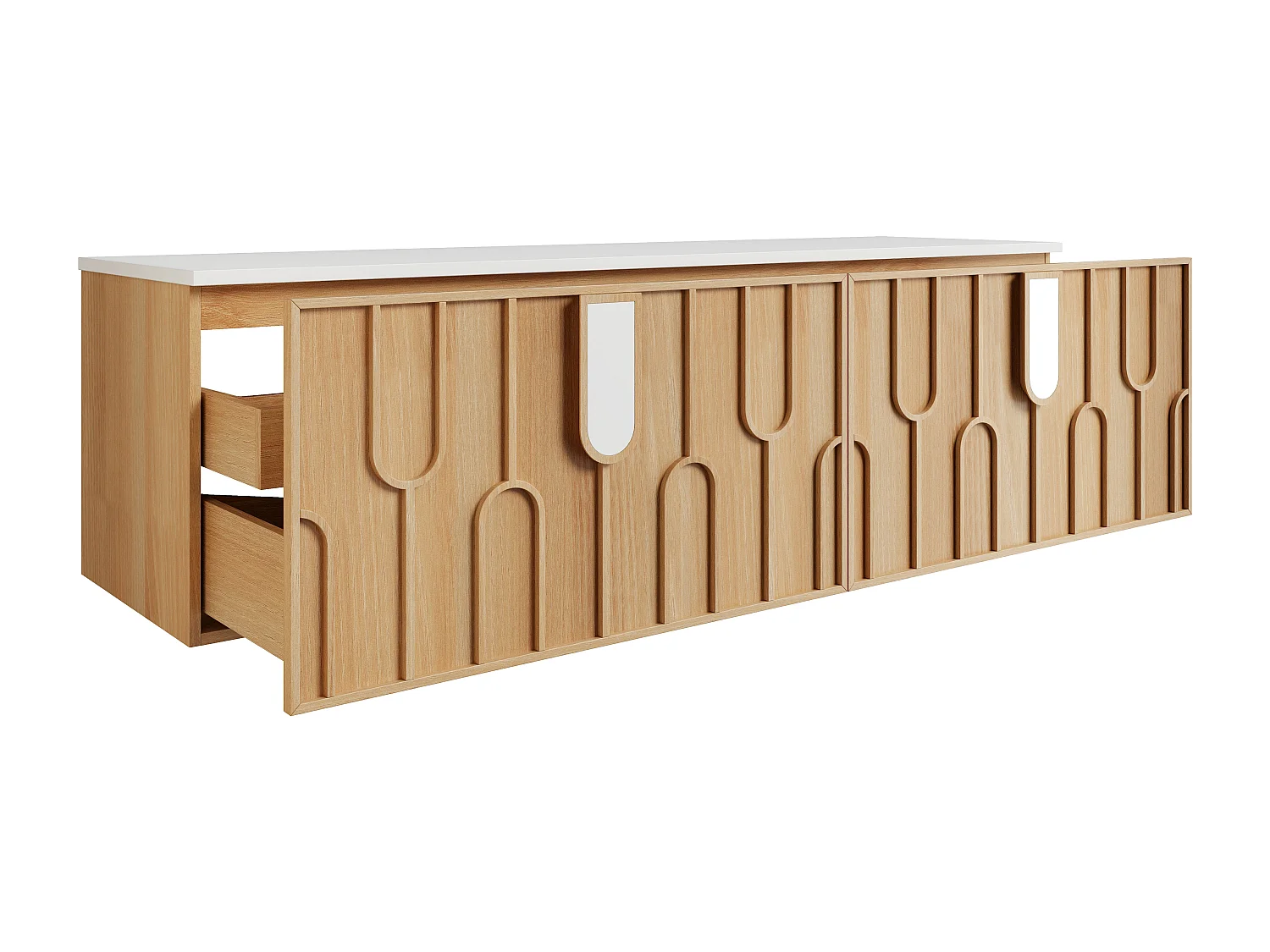 Meuble sous vasque suspendu texturé avec plan en pierre frittée mate - Naturel clair - L180 cm - MERKAN