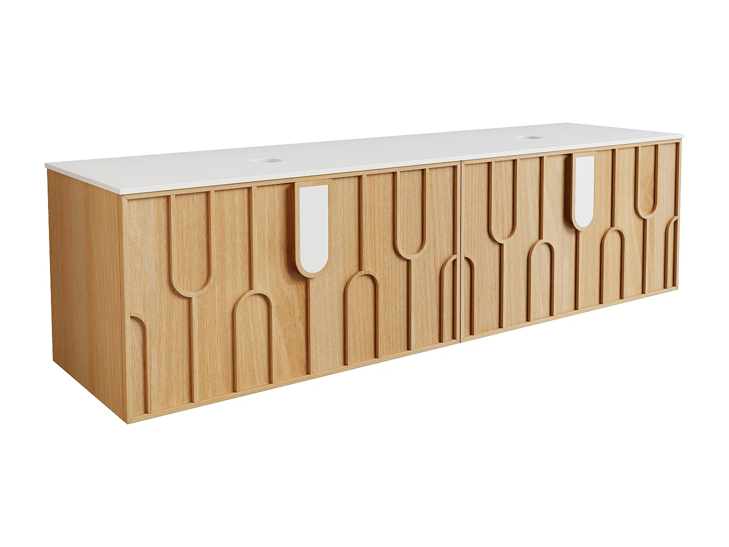 Meuble sous vasque suspendu texturé avec plan en pierre frittée mate - Naturel clair - L180 cm - MERKAN