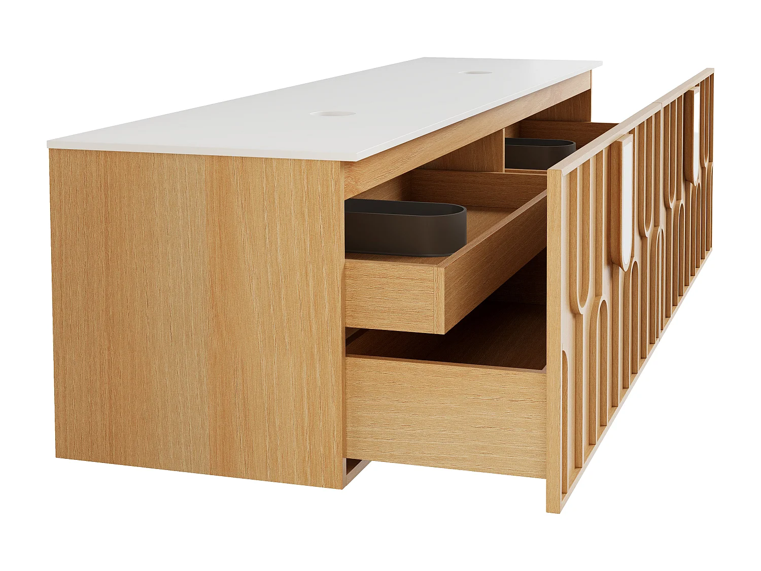 Meuble sous vasque suspendu texturé avec plan en pierre frittée mate - Naturel clair - L180 cm - MERKAN