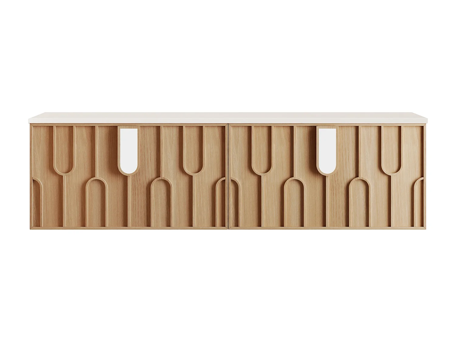 Meuble sous vasque suspendu texturé avec plan en pierre frittée mate - Naturel clair - L180 cm - MERKAN