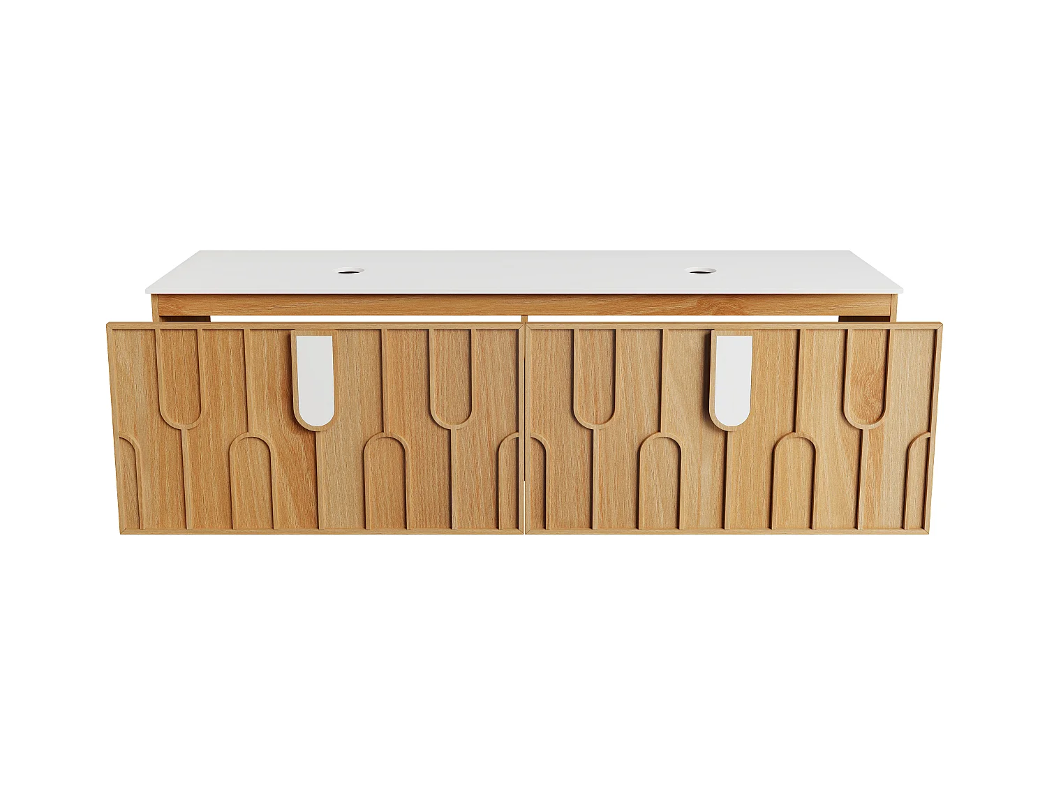 Textured Floating Vanity Unit with Matte Sintered Stone Worktop - Light Natural - W71in - MERKAN