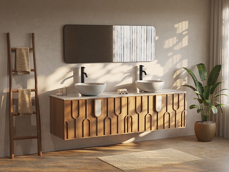 Textured Floating Vanity Unit, Sintered Stone Worktop, Light Natural ...