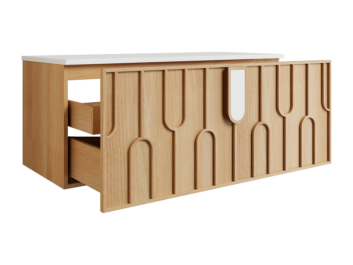 Meuble sous vasque suspendu texturé avec plan  en pierre frittée mate - Naturel clair - L120 cm - MERKAN