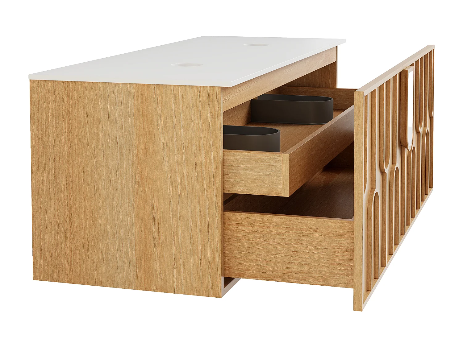 Meuble sous vasque suspendu texturé avec plan  en pierre frittée mate - Naturel clair - L120 cm - MERKAN