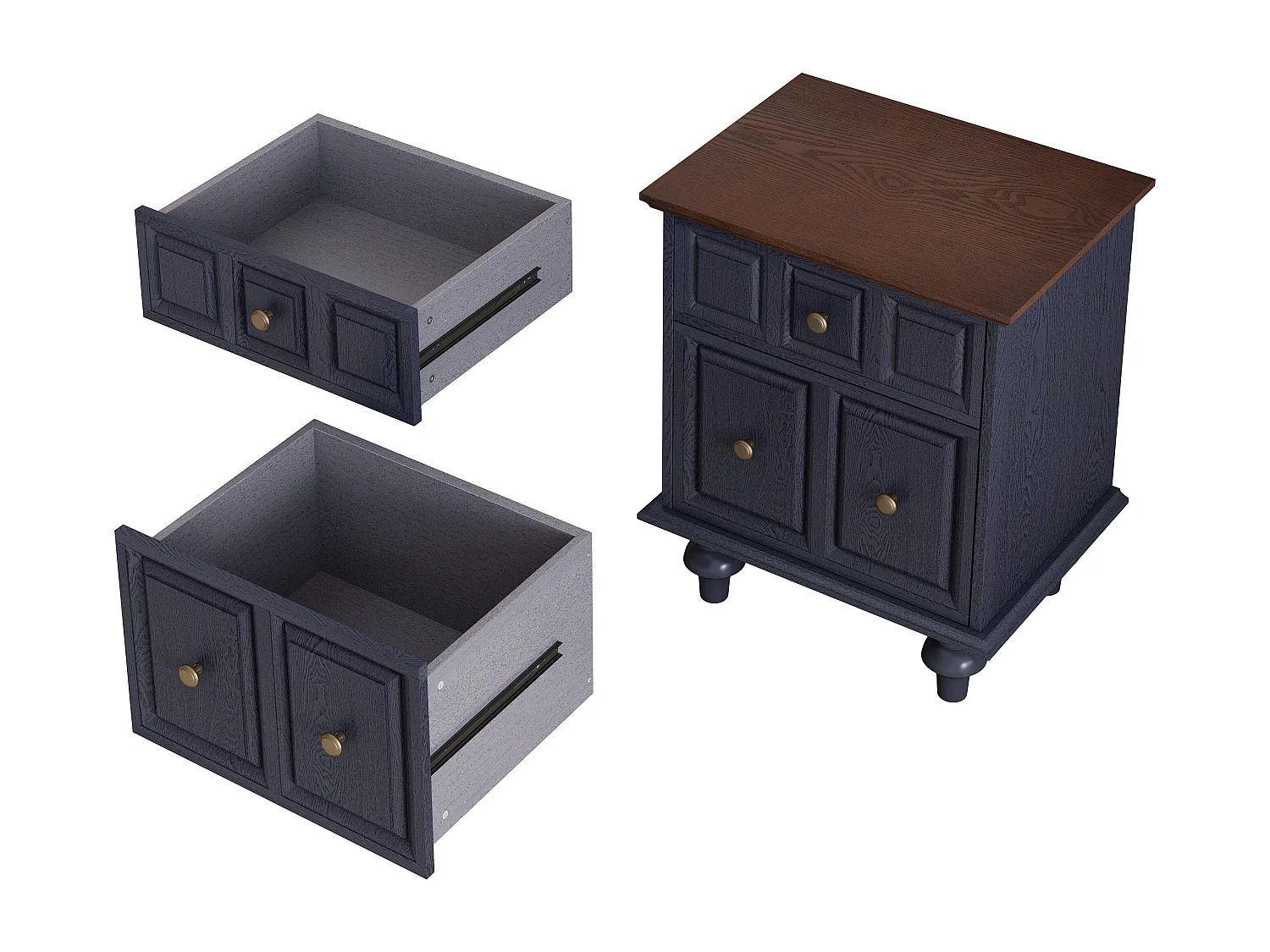 Table de chevet vintage à 2 tiroirs, pieds de style romain, bleu foncé