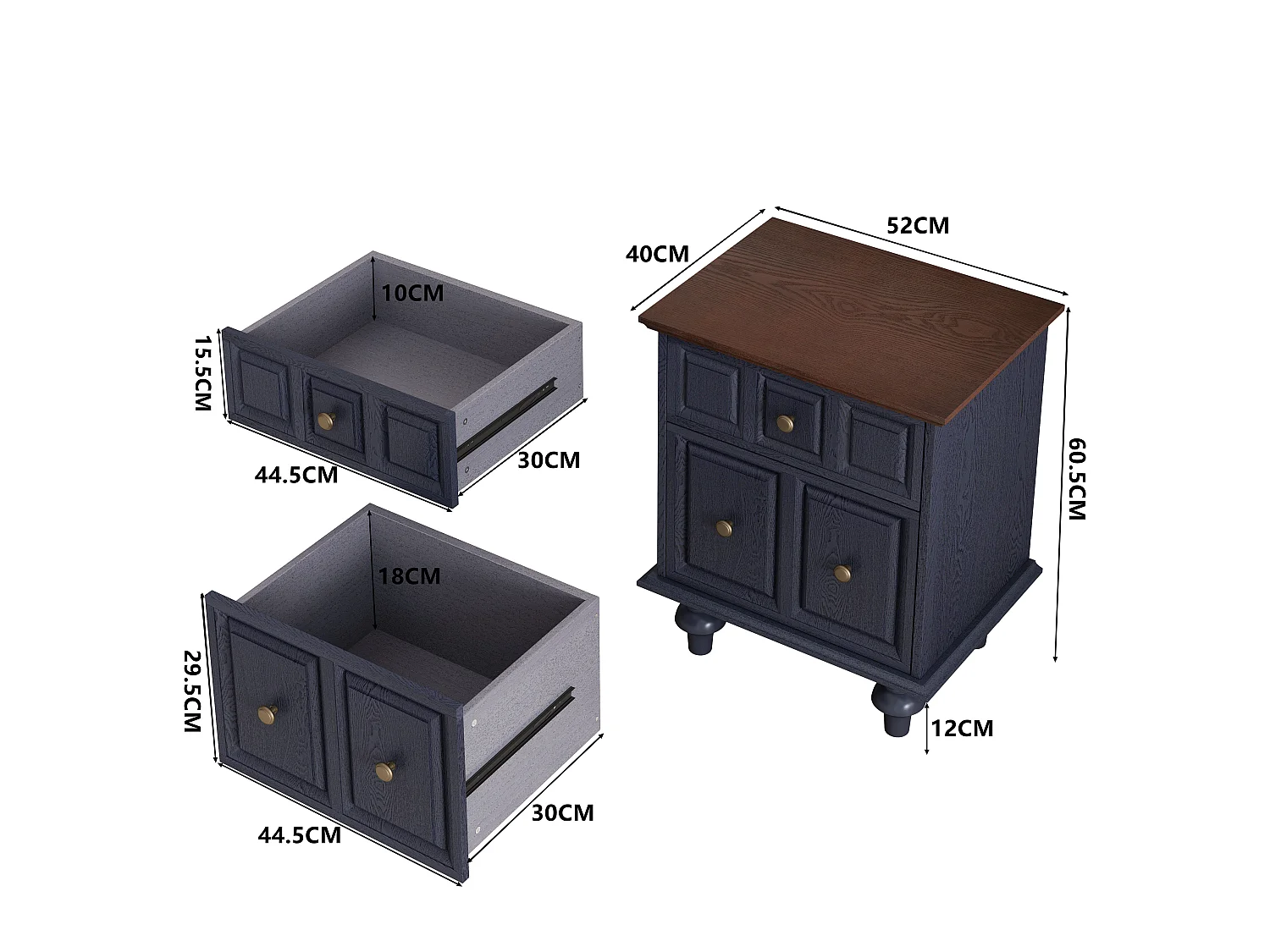 Vintage nachtkastje met 2 lades, poten in Romeinse stijl, donkerblauw