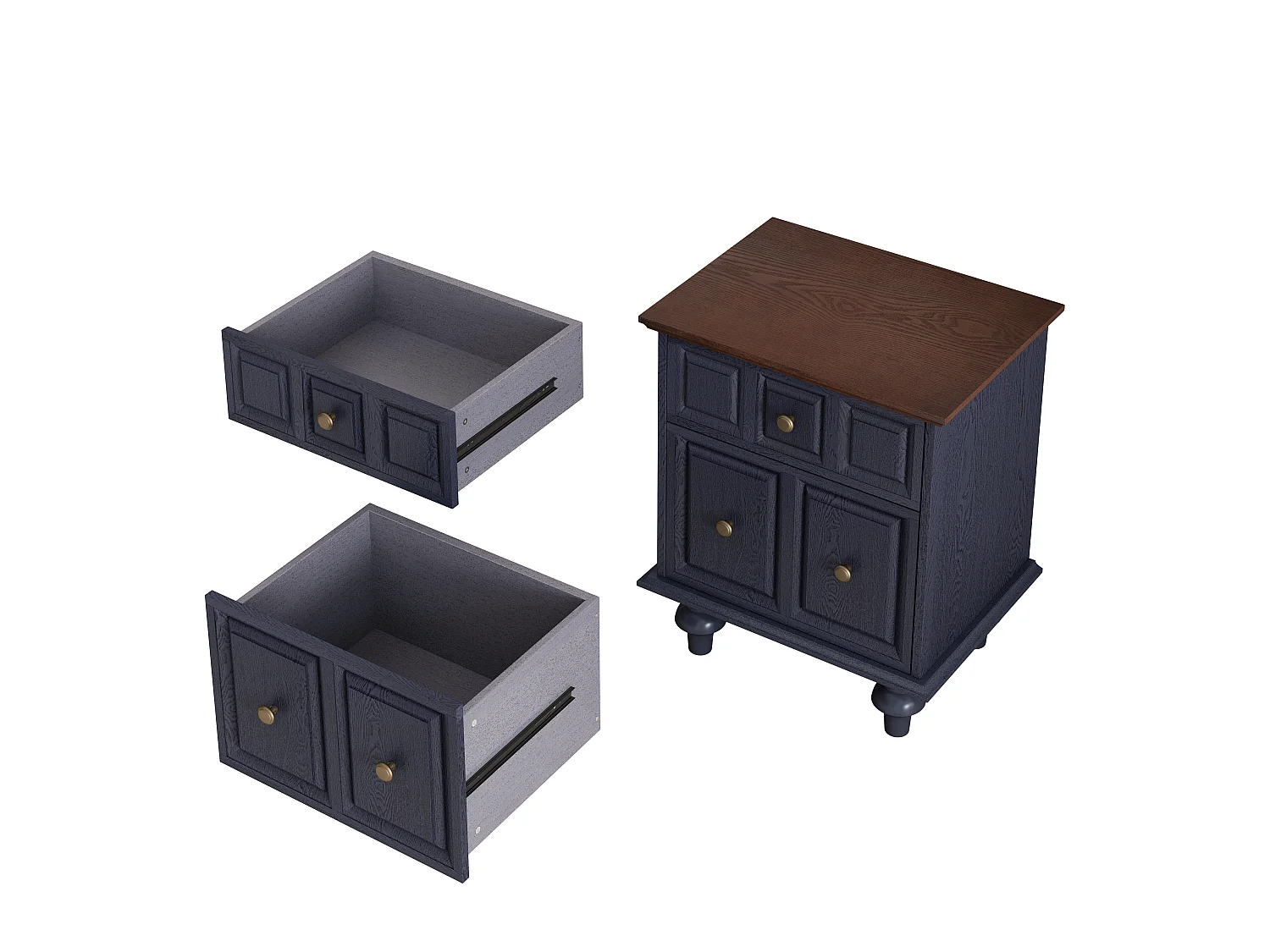 Vintage nachtkastje met 2 lades, poten in Romeinse stijl, donkerblauw