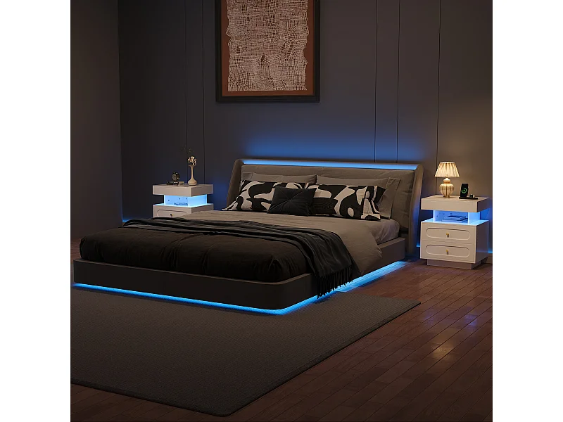 Set van 2 nachtkastjes - LED en 2 lades - Wit hout