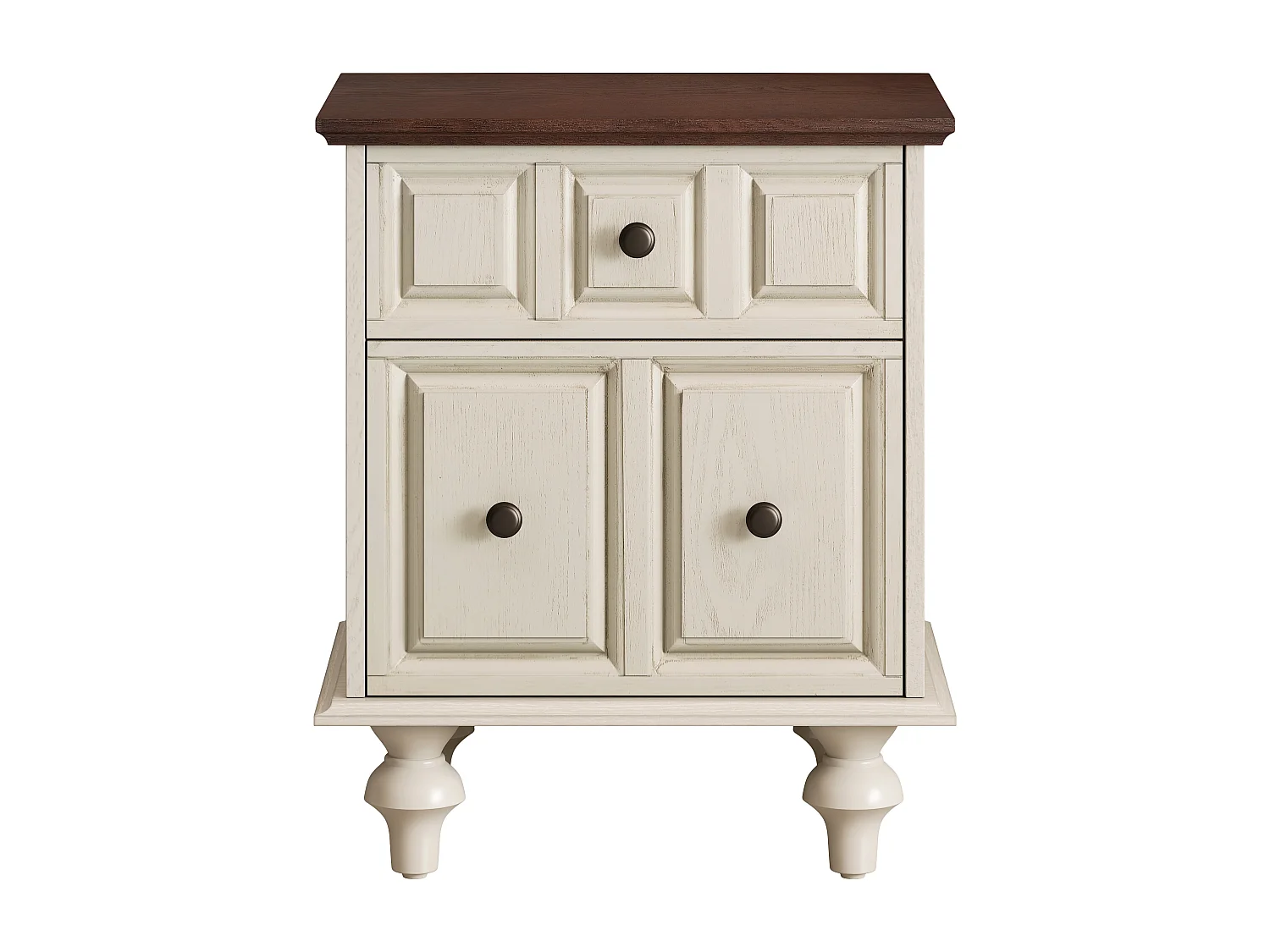 Comodino vintage con 2 cassetti, gambe in stile romano, finitura bianco anticato