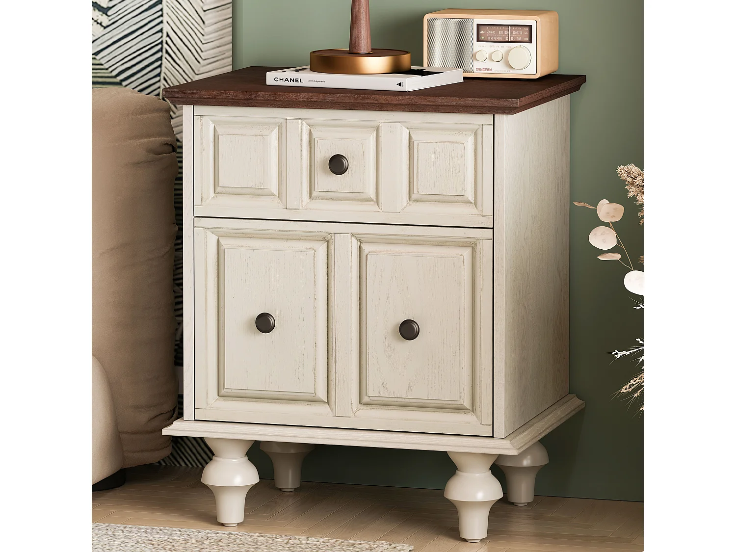 Comodino vintage con 2 cassetti, gambe in stile romano, finitura bianco anticato