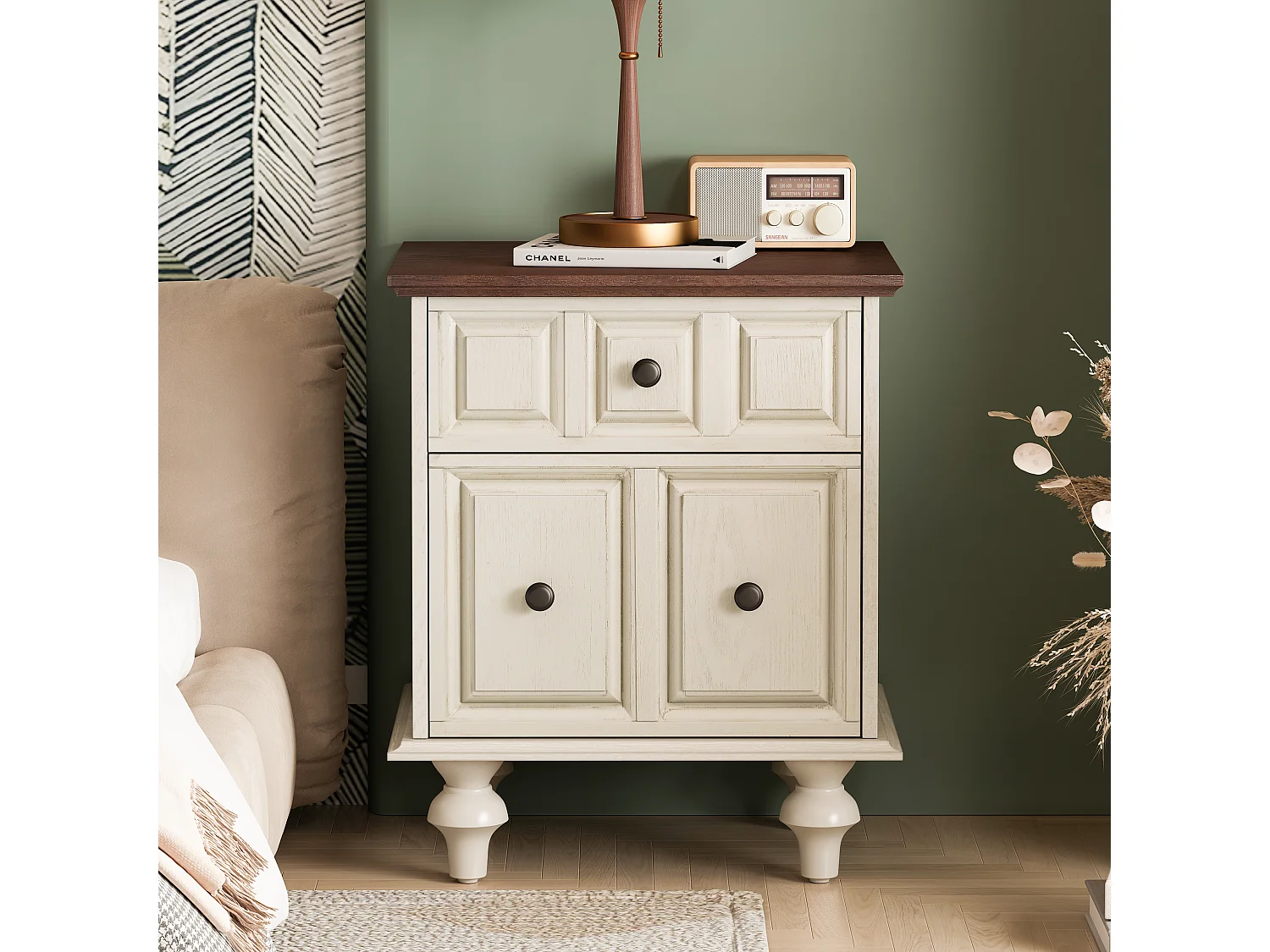 Comodino vintage con 2 cassetti, gambe in stile romano, finitura bianco anticato