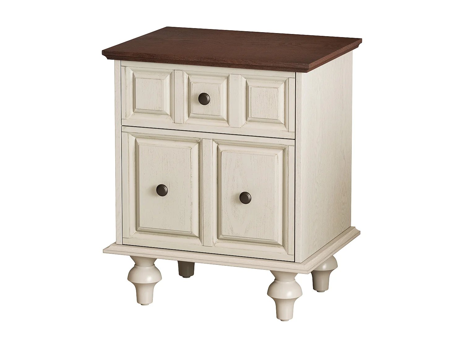 Comodino vintage con 2 cassetti, gambe in stile romano, finitura bianco anticato