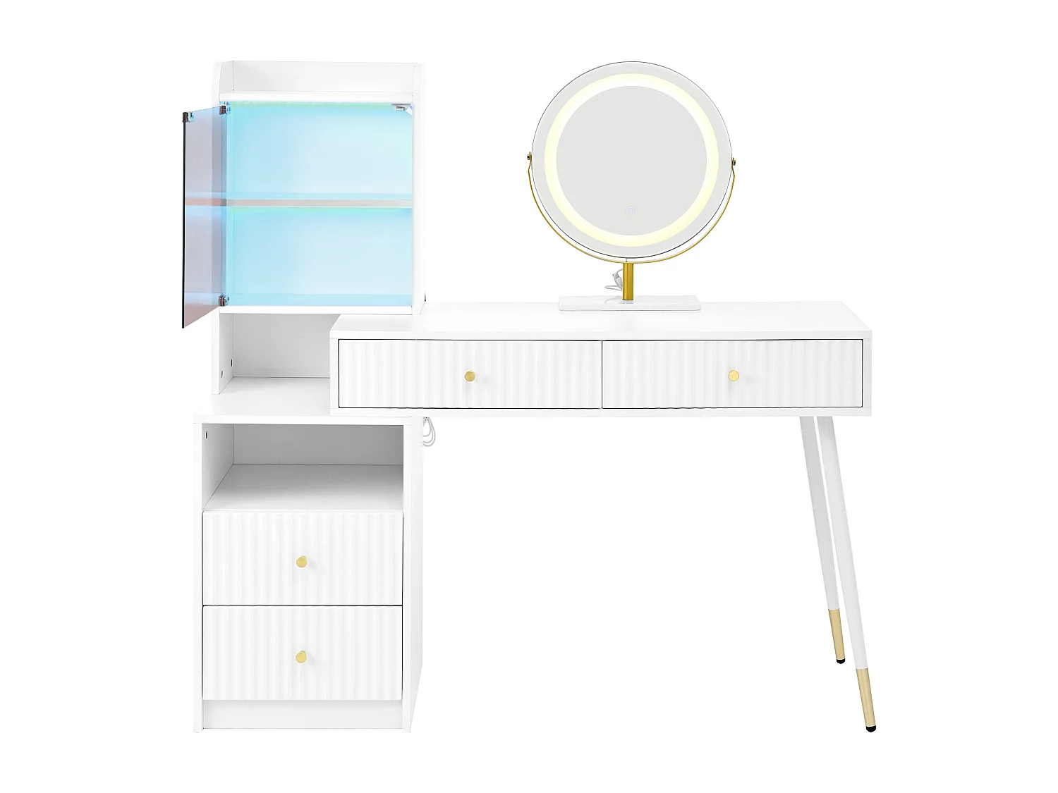 Tocador con espejo LED, 4 cajones y puerta - Blanco