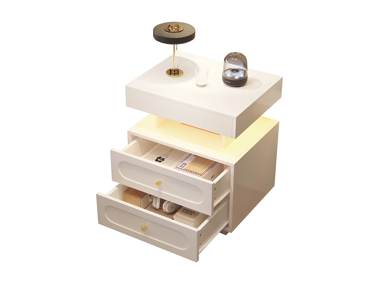 Nachtkastje met LED en 2 lades - Wit hout